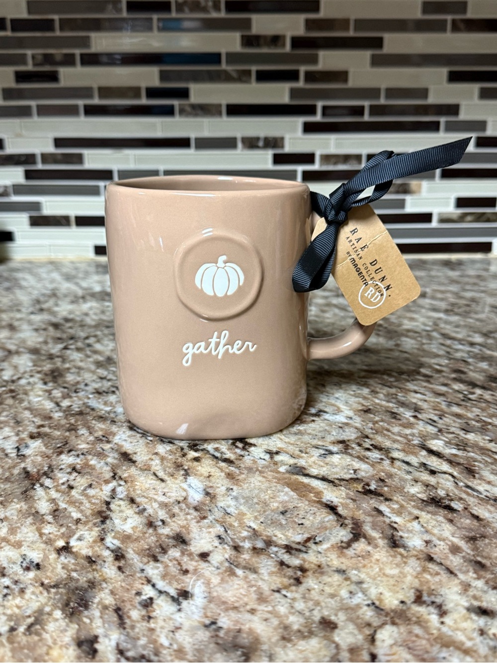 Rae Dunn Tan Ceramic Mug with White Pumpkin and 'gather' Script
